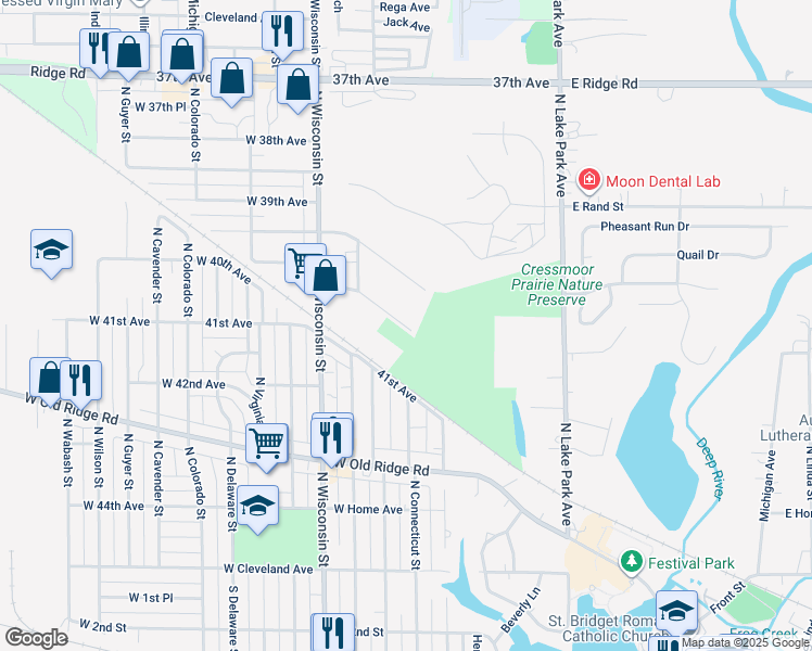 map of restaurants, bars, coffee shops, grocery stores, and more near 600 West 40th Place in Hobart