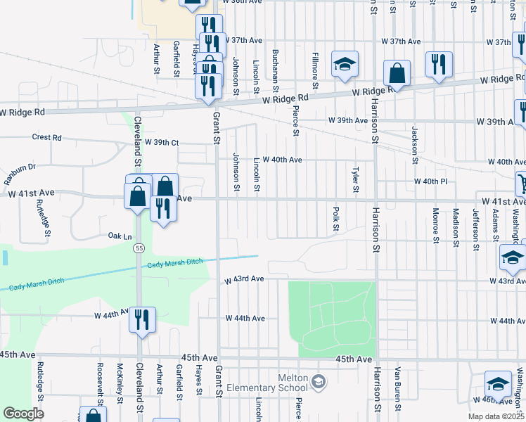 map of restaurants, bars, coffee shops, grocery stores, and more near 1309 West 41st Avenue in Gary
