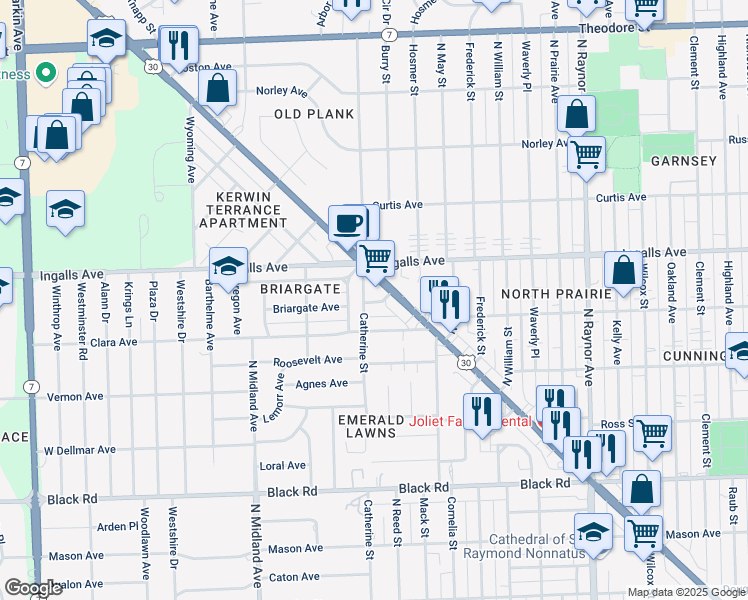 map of restaurants, bars, coffee shops, grocery stores, and more near 1125 Plainfield Road in Joliet