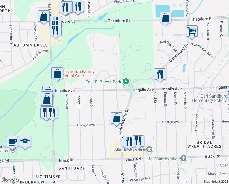map of restaurants, bars, coffee shops, grocery stores, and more near 2904 Hintze Court in Joliet