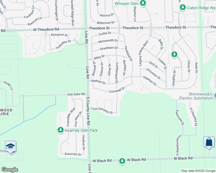 map of restaurants, bars, coffee shops, grocery stores, and more near 1303 Gilray Drive in Joliet