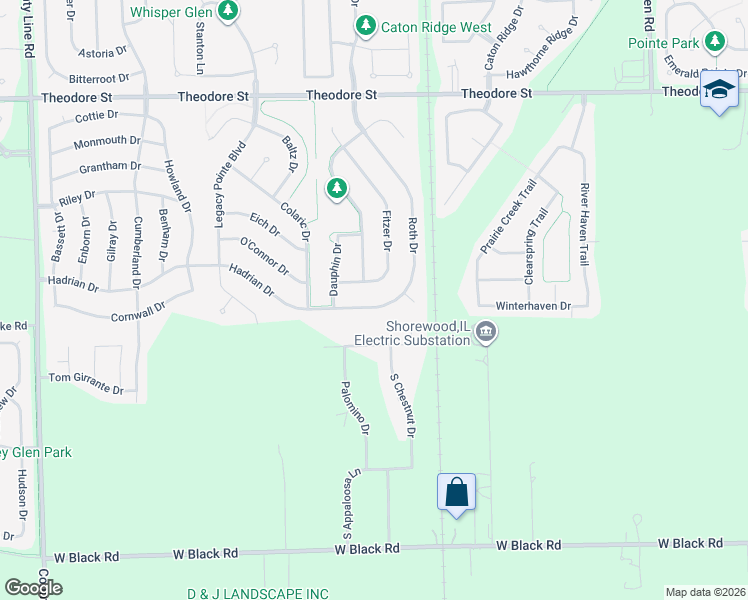 map of restaurants, bars, coffee shops, grocery stores, and more near 6422 Fitzer Drive in Joliet