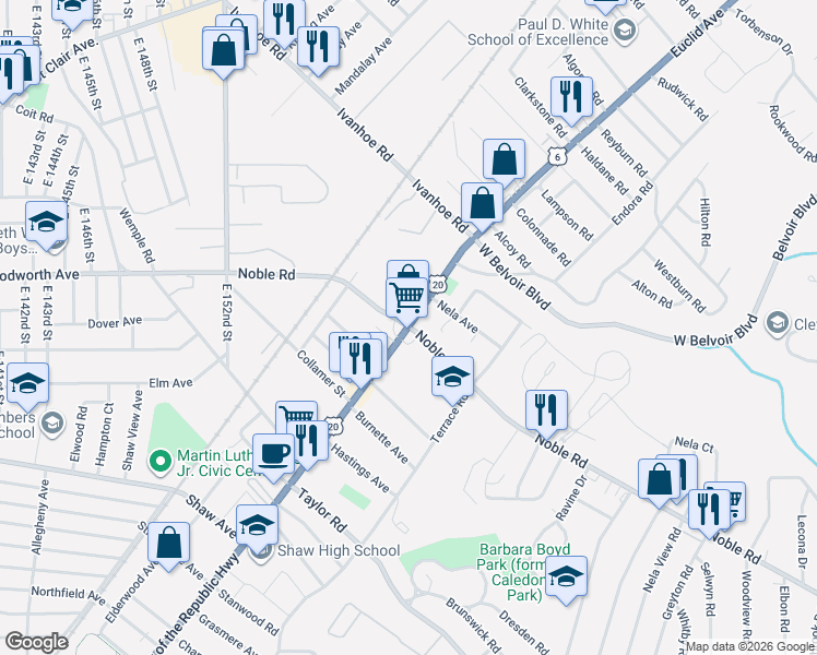 map of restaurants, bars, coffee shops, grocery stores, and more near Euclid Avenue & Noble Road in East Cleveland