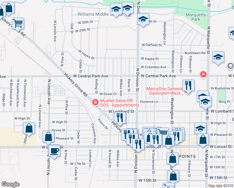 map of restaurants, bars, coffee shops, grocery stores, and more near West Dover Court in Davenport