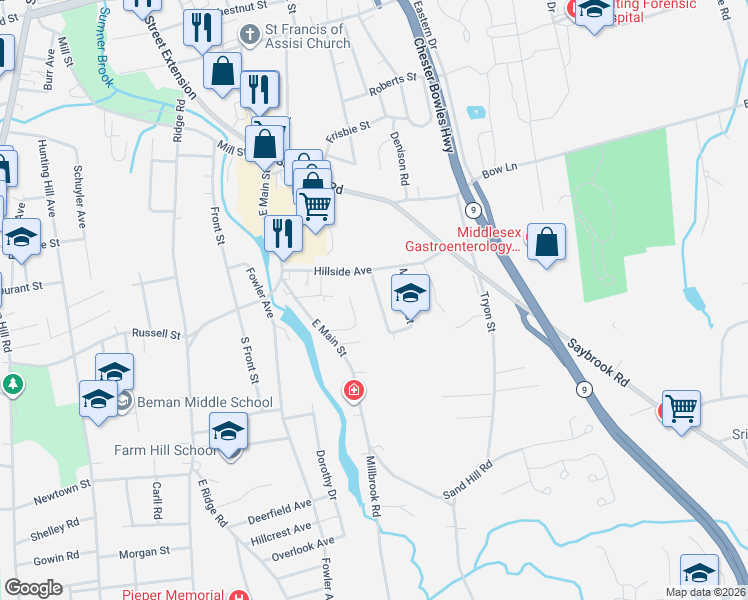 map of restaurants, bars, coffee shops, grocery stores, and more near 33 Bidwell Terrace in Middletown