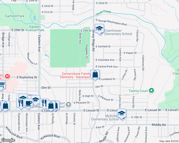 map of restaurants, bars, coffee shops, grocery stores, and more near 2342 Jersey Ridge Road in Davenport