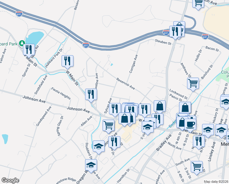 map of restaurants, bars, coffee shops, grocery stores, and more near 105 Sylvan Avenue in Meriden