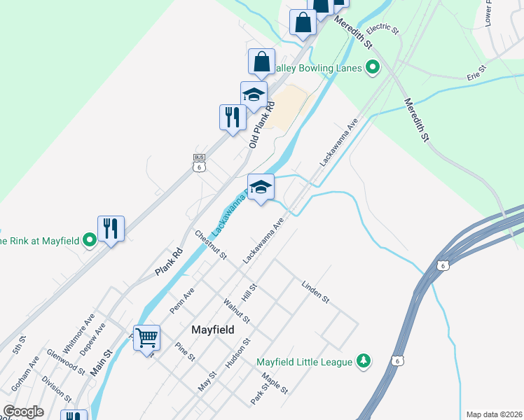 map of restaurants, bars, coffee shops, grocery stores, and more near 501 Linden Street in Mayfield
