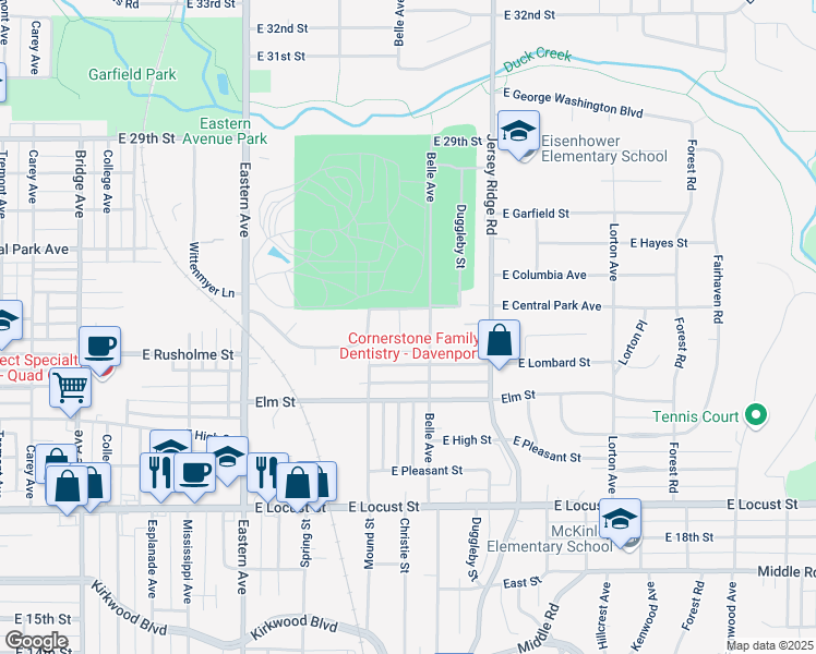 map of restaurants, bars, coffee shops, grocery stores, and more near 2420 Belle Avenue in Davenport