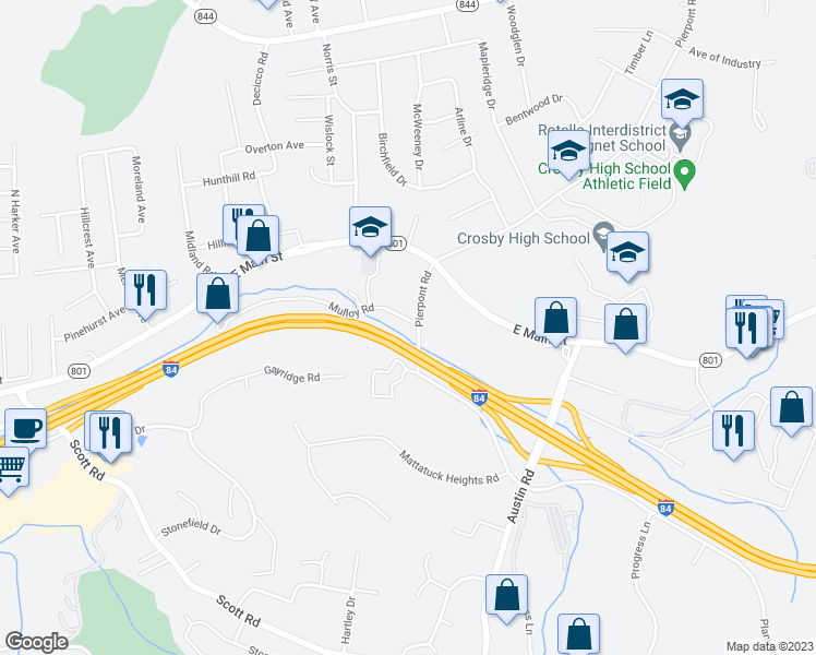 map of restaurants, bars, coffee shops, grocery stores, and more near 49 Pierpont Road in Waterbury