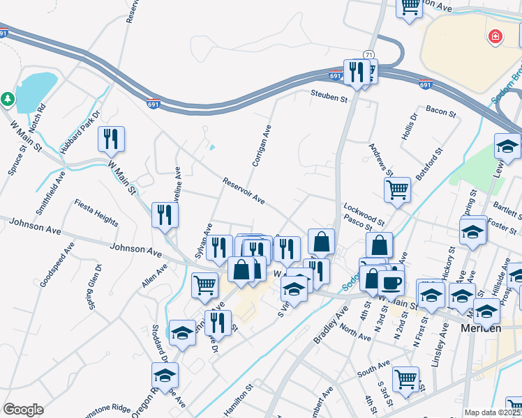 map of restaurants, bars, coffee shops, grocery stores, and more near 132 Reservoir Avenue in Meriden