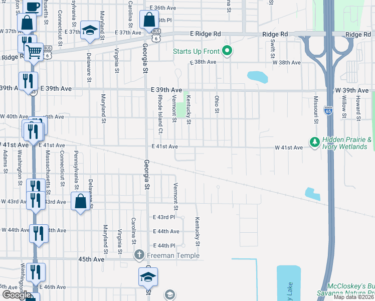 map of restaurants, bars, coffee shops, grocery stores, and more near 1114 East 41st Avenue in Gary