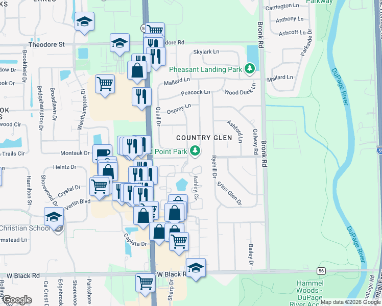 map of restaurants, bars, coffee shops, grocery stores, and more near 4605 Bluejay Lane in Plainfield