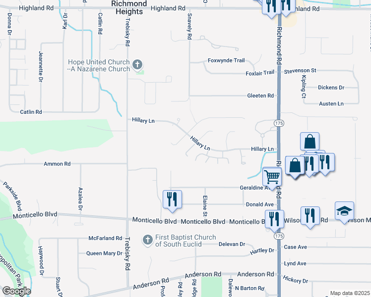 map of restaurants, bars, coffee shops, grocery stores, and more near 4792 Lindsey Lane in Richmond Heights