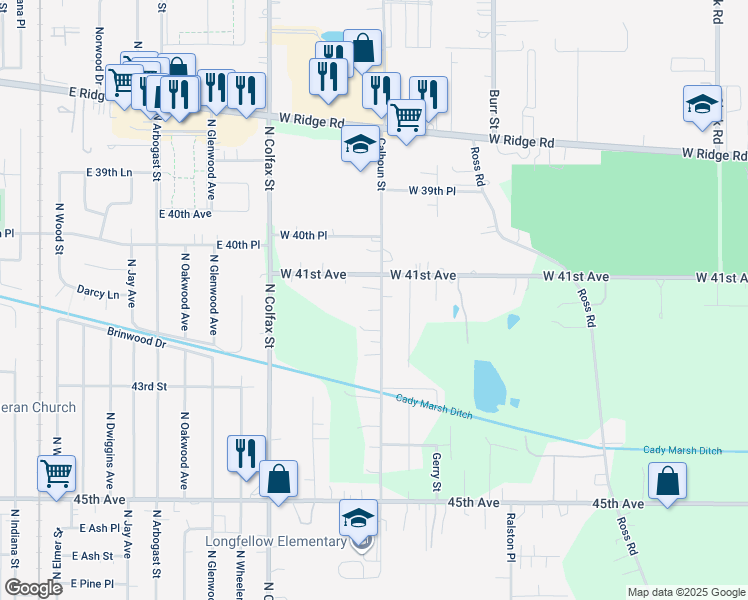 map of restaurants, bars, coffee shops, grocery stores, and more near 4136 Calhoun Street in Gary