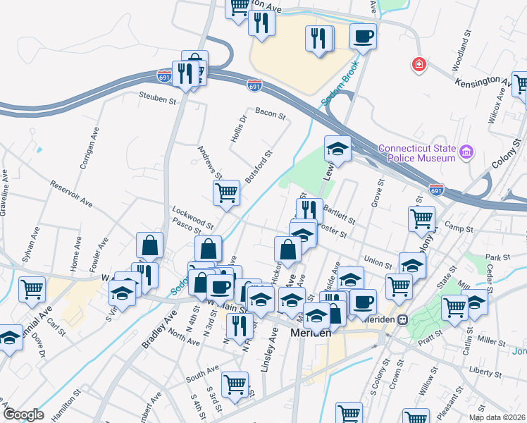 map of restaurants, bars, coffee shops, grocery stores, and more near 28 Water Street in Meriden