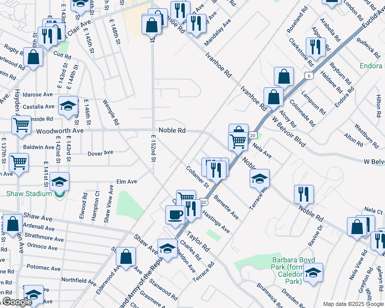 map of restaurants, bars, coffee shops, grocery stores, and more near 15919 Elderwood Avenue in East Cleveland