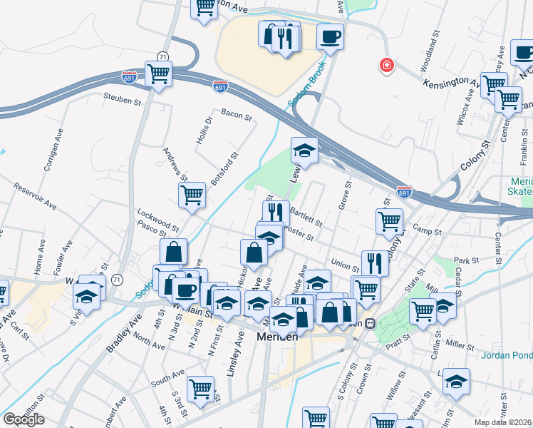 map of restaurants, bars, coffee shops, grocery stores, and more near 192 Lewis Avenue in Meriden