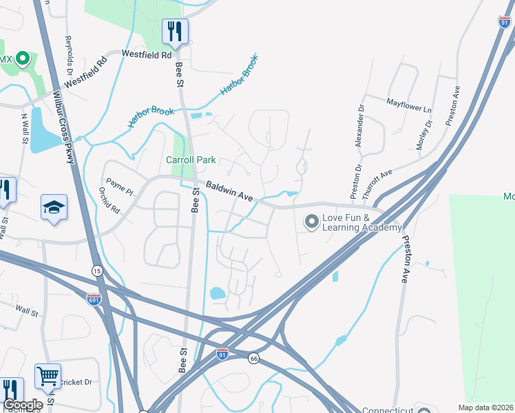 map of restaurants, bars, coffee shops, grocery stores, and more near 12 Mattabasset Drive in Meriden