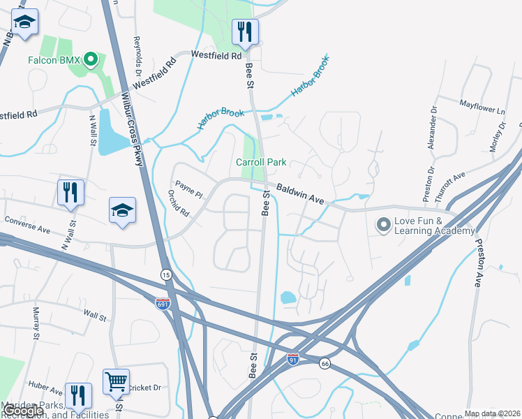 map of restaurants, bars, coffee shops, grocery stores, and more near 648 Bee Street in Meriden