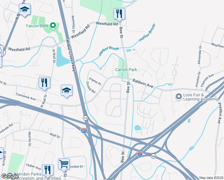 map of restaurants, bars, coffee shops, grocery stores, and more near 123 Round Hill Road in Meriden