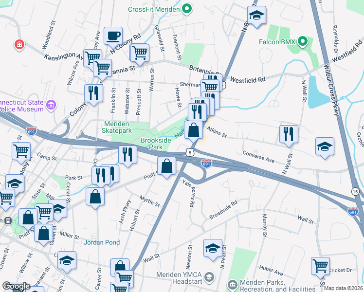 map of restaurants, bars, coffee shops, grocery stores, and more near 480 Pratt Street Extension in Meriden