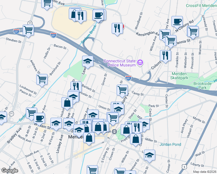 map of restaurants, bars, coffee shops, grocery stores, and more near 40 Platt Avenue Exn in Meriden