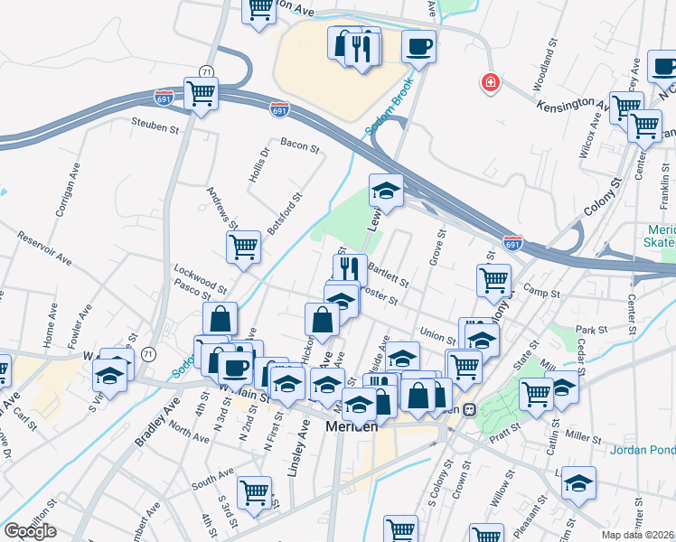 map of restaurants, bars, coffee shops, grocery stores, and more near 192 Lewis Avenue in Meriden