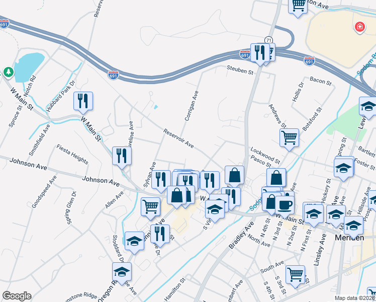 map of restaurants, bars, coffee shops, grocery stores, and more near 132 Reservoir Avenue in Meriden