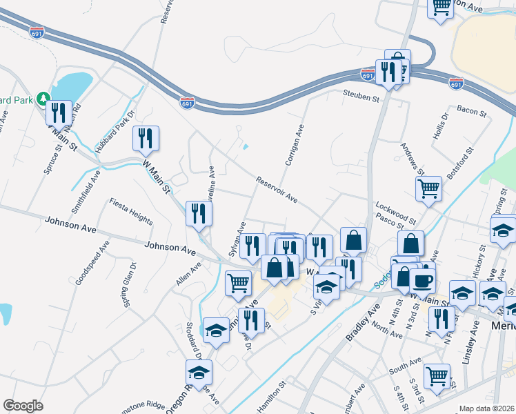 map of restaurants, bars, coffee shops, grocery stores, and more near 108 Sylvan Avenue in Meriden