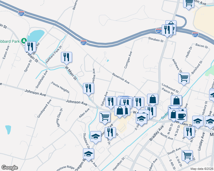 map of restaurants, bars, coffee shops, grocery stores, and more near 108 Sylvan Avenue in Meriden