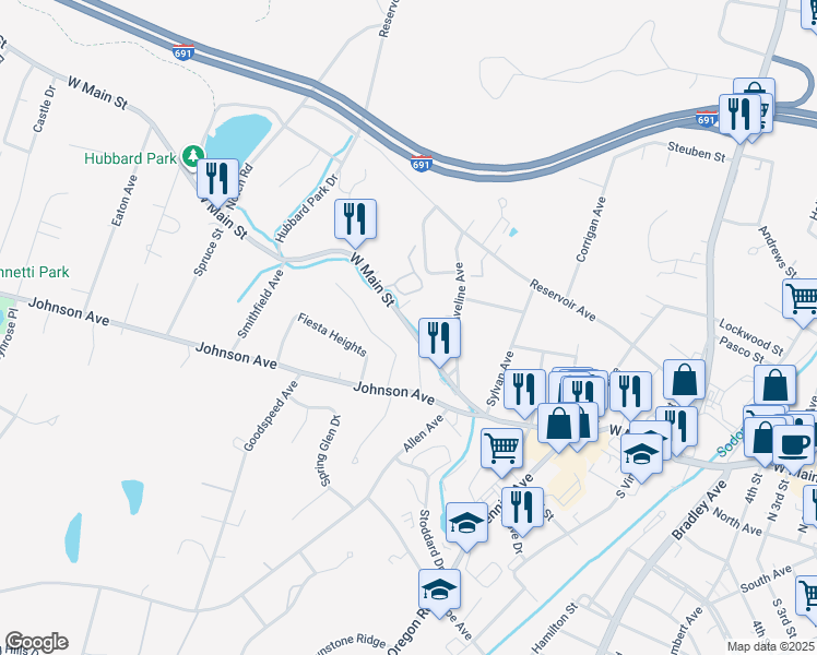 map of restaurants, bars, coffee shops, grocery stores, and more near 775 West Main Street in Meriden