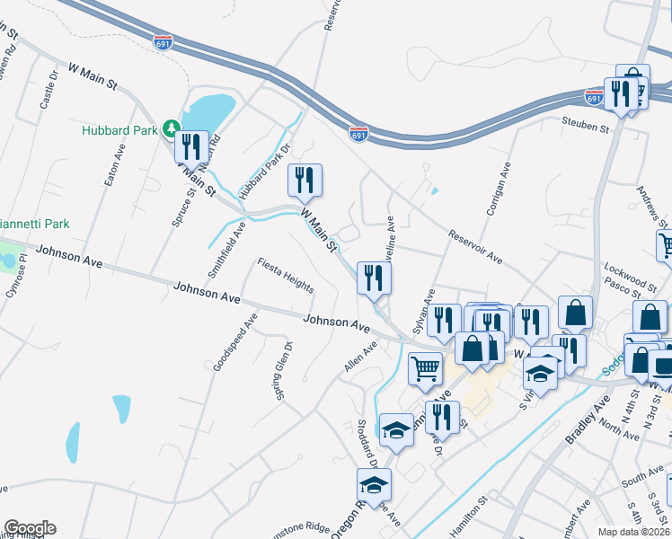 map of restaurants, bars, coffee shops, grocery stores, and more near 775 West Main Street in Meriden