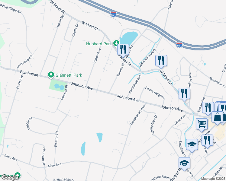 map of restaurants, bars, coffee shops, grocery stores, and more near 119 Spruce Street in Meriden