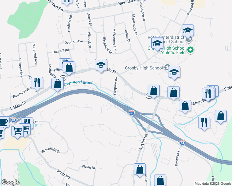 map of restaurants, bars, coffee shops, grocery stores, and more near 74 Pierpont Road in Waterbury