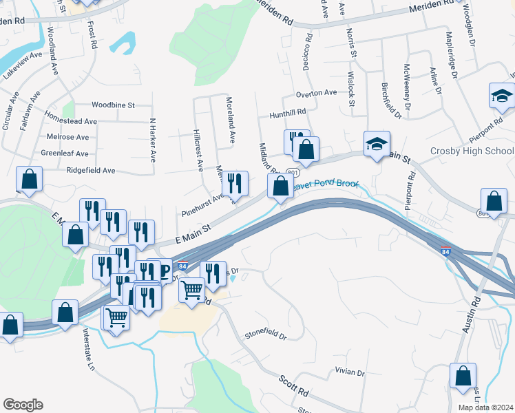 map of restaurants, bars, coffee shops, grocery stores, and more near 6 Meriline Avenue in Waterbury