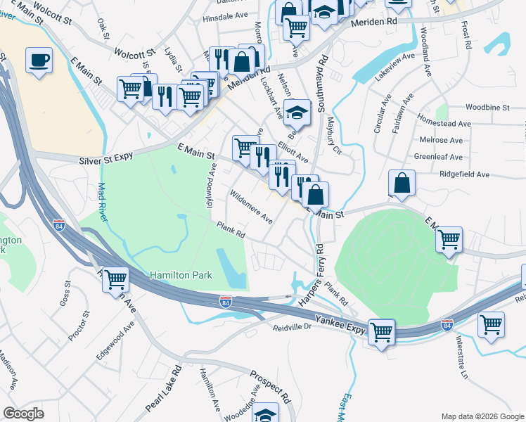 map of restaurants, bars, coffee shops, grocery stores, and more near 51 Wildemere Avenue in Waterbury