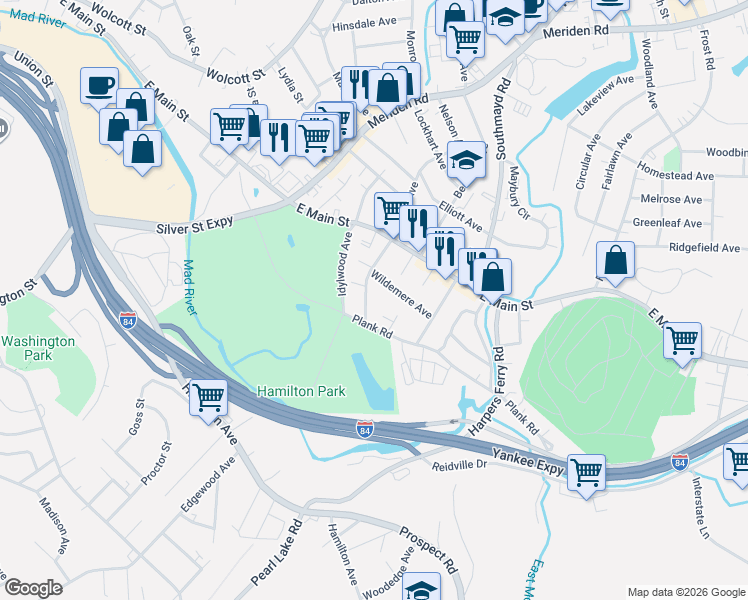 map of restaurants, bars, coffee shops, grocery stores, and more near 67 Englewood Avenue in Waterbury