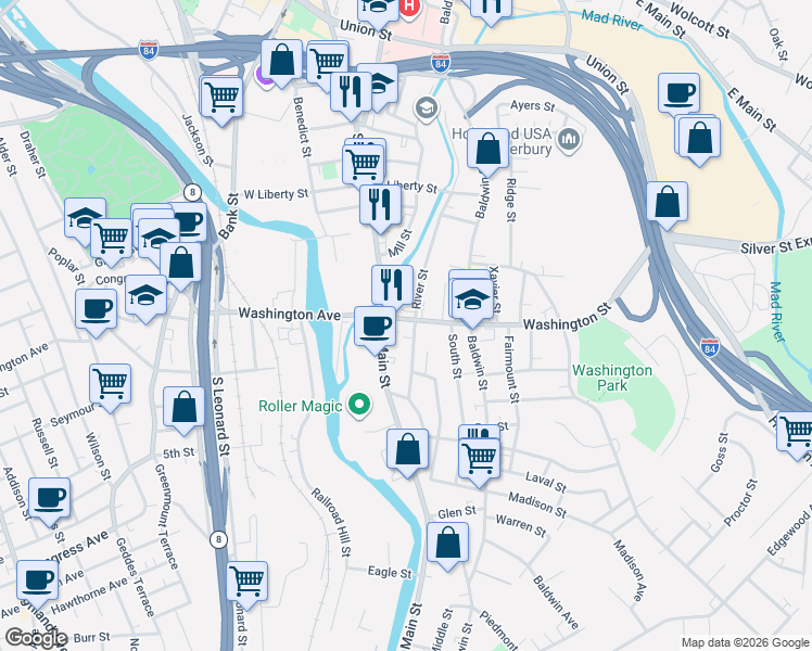 map of restaurants, bars, coffee shops, grocery stores, and more near 26 Washington Street in Waterbury