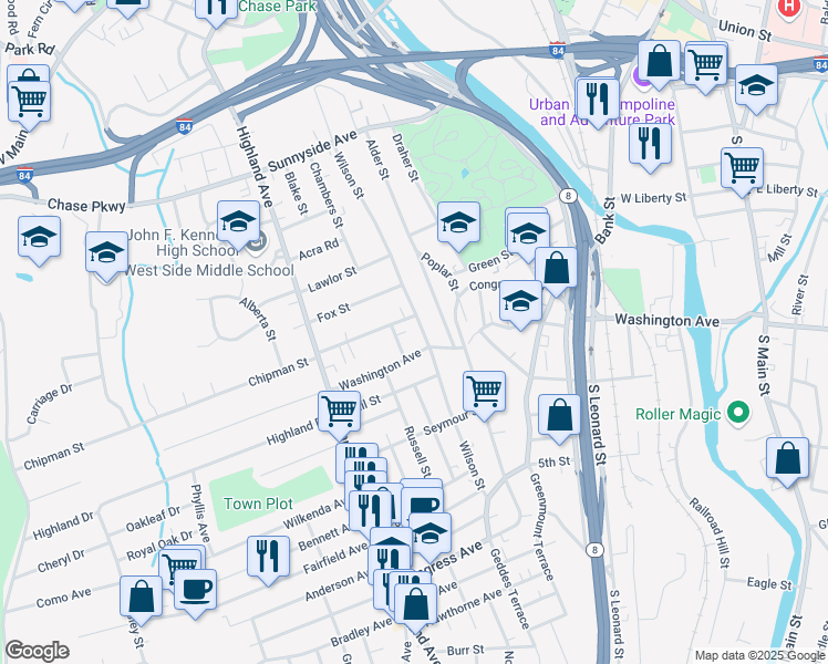 map of restaurants, bars, coffee shops, grocery stores, and more near 494 Wilson Street in Waterbury