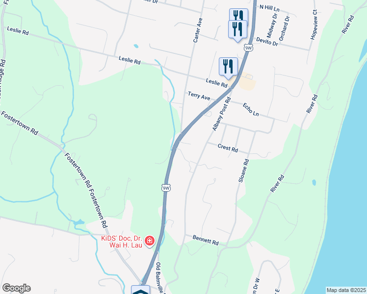 map of restaurants, bars, coffee shops, grocery stores, and more near 5218 Route 9W in Newburgh