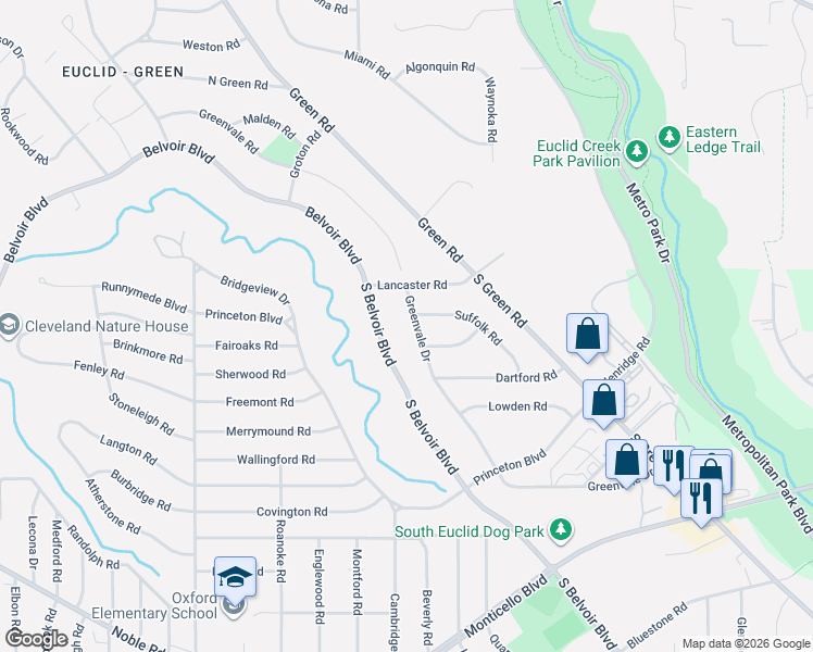 map of restaurants, bars, coffee shops, grocery stores, and more near 219 South Belvoir Boulevard in South Euclid