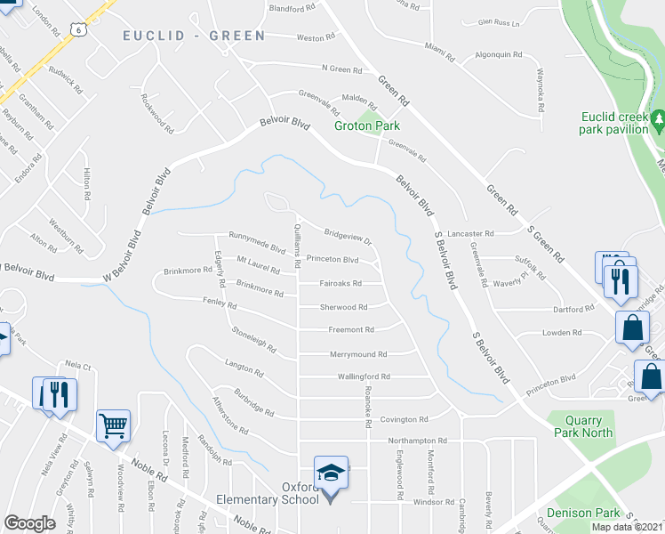 map of restaurants, bars, coffee shops, grocery stores, and more near 3783 Princeton Boulevard in South Euclid