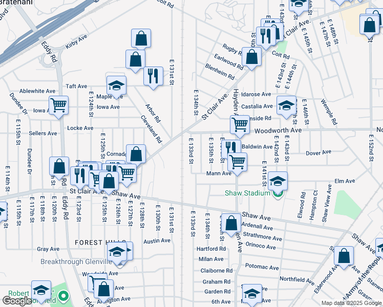 map of restaurants, bars, coffee shops, grocery stores, and more near 1252 East 133rd Street in East Cleveland