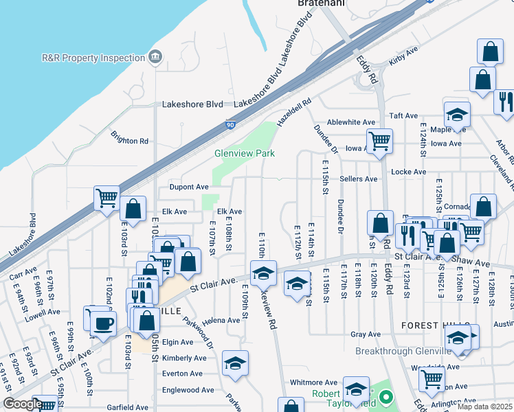 map of restaurants, bars, coffee shops, grocery stores, and more near in Cleveland