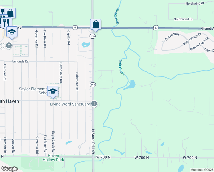 map of restaurants, bars, coffee shops, grocery stores, and more near 701-761 Ravinia Drive East in Valparaiso