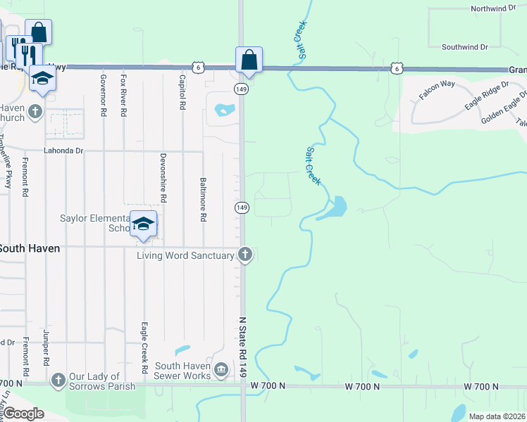 map of restaurants, bars, coffee shops, grocery stores, and more near 296 Dawn Drive in Valparaiso