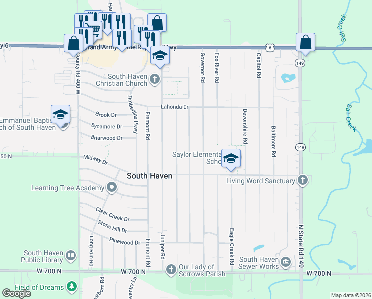 map of restaurants, bars, coffee shops, grocery stores, and more near 755 Heritage Road in Valparaiso