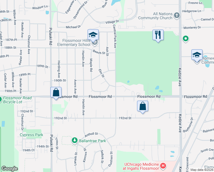 map of restaurants, bars, coffee shops, grocery stores, and more near 3630 Elm Court in Flossmoor