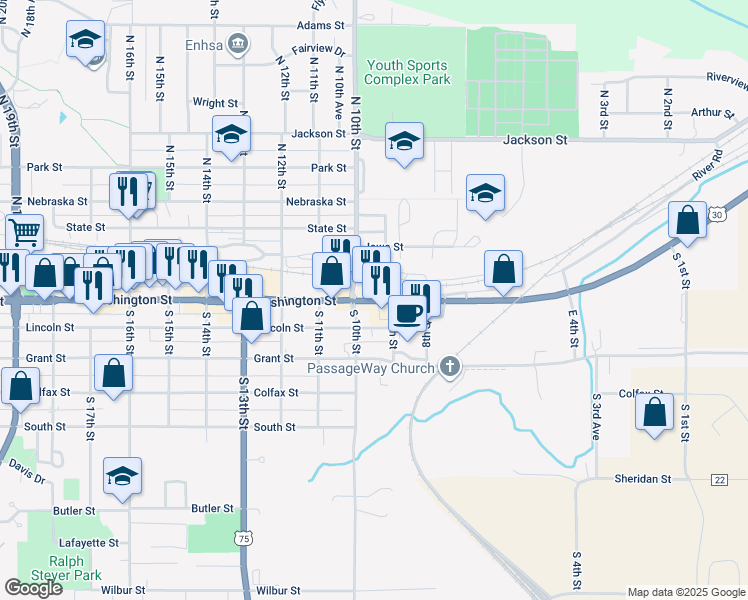 map of restaurants, bars, coffee shops, grocery stores, and more near 970 Washington St in Blair